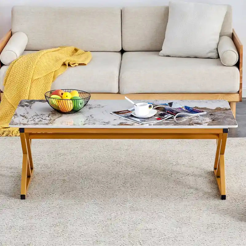 Table basse rectangulaire moderne de 120 cm avec plateau en pierre frittée et pieds en métal en forme de X