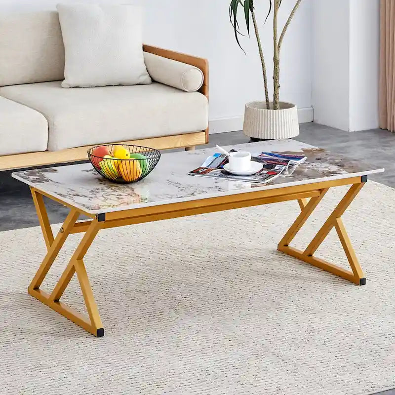 Table basse rectangulaire moderne de 120 cm avec plateau en pierre frittée et pieds en métal en forme de X