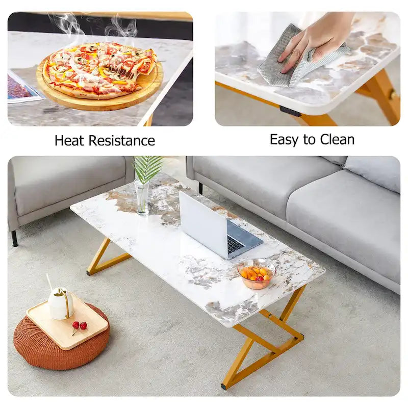 Table basse rectangulaire moderne de 120 cm avec plateau en pierre frittée et pieds en métal en forme de X