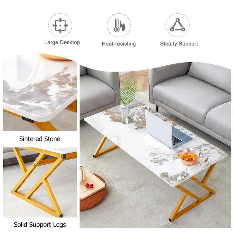 Table basse rectangulaire moderne de 120 cm avec plateau en pierre frittée et pieds en métal en forme de X