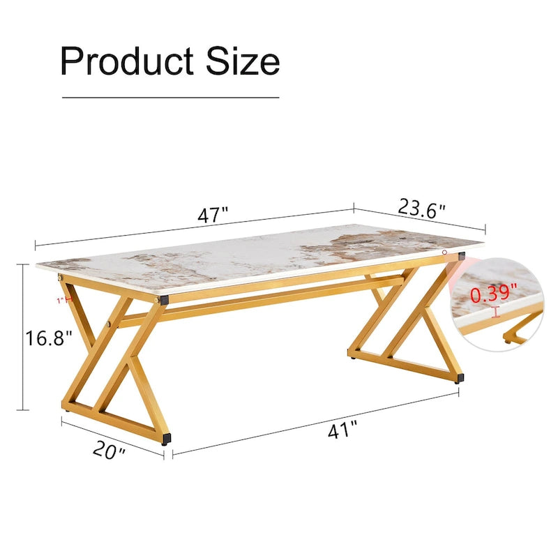 Table basse rectangulaire moderne de 120 cm avec plateau en pierre frittée et pieds en métal en forme de X