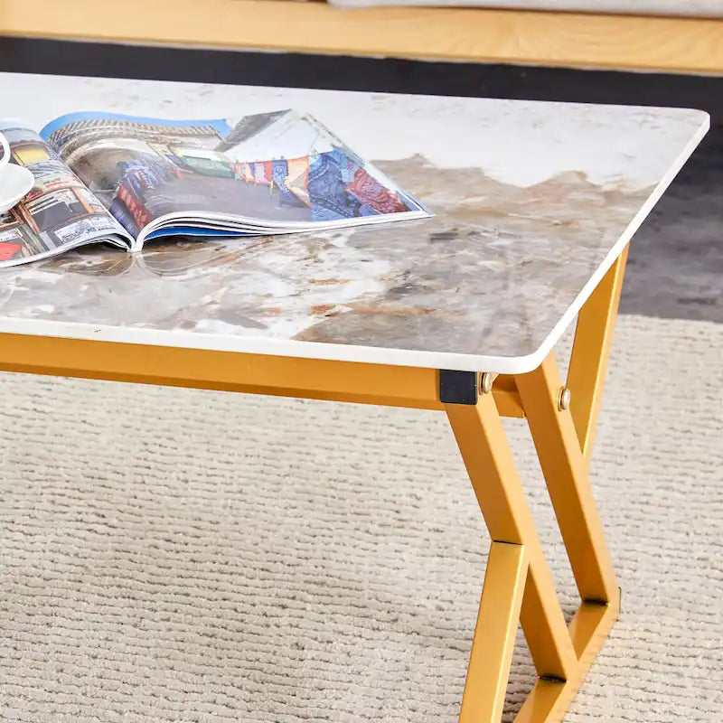 Table basse rectangulaire moderne de 120 cm avec plateau en pierre frittée et pieds en métal en forme de X