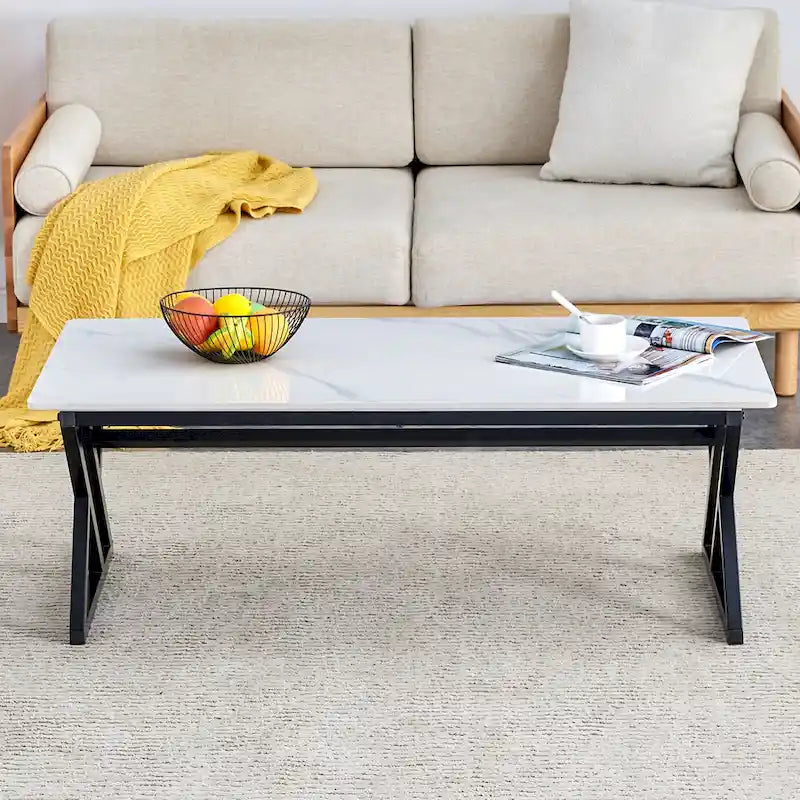 Table basse rectangulaire moderne de 120 cm avec plateau en pierre frittée et pieds en métal en forme de X