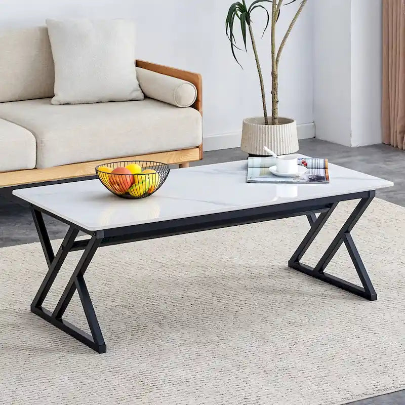Table basse rectangulaire moderne de 120 cm avec plateau en pierre frittée et pieds en métal en forme de X