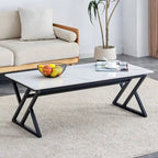 Table basse rectangulaire moderne de 120 cm avec plateau en pierre frittée et pieds en métal en forme de X