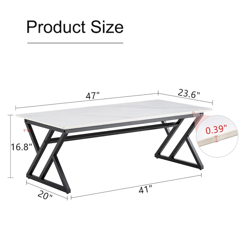 Table basse rectangulaire moderne de 120 cm avec plateau en pierre frittée et pieds en métal en forme de X