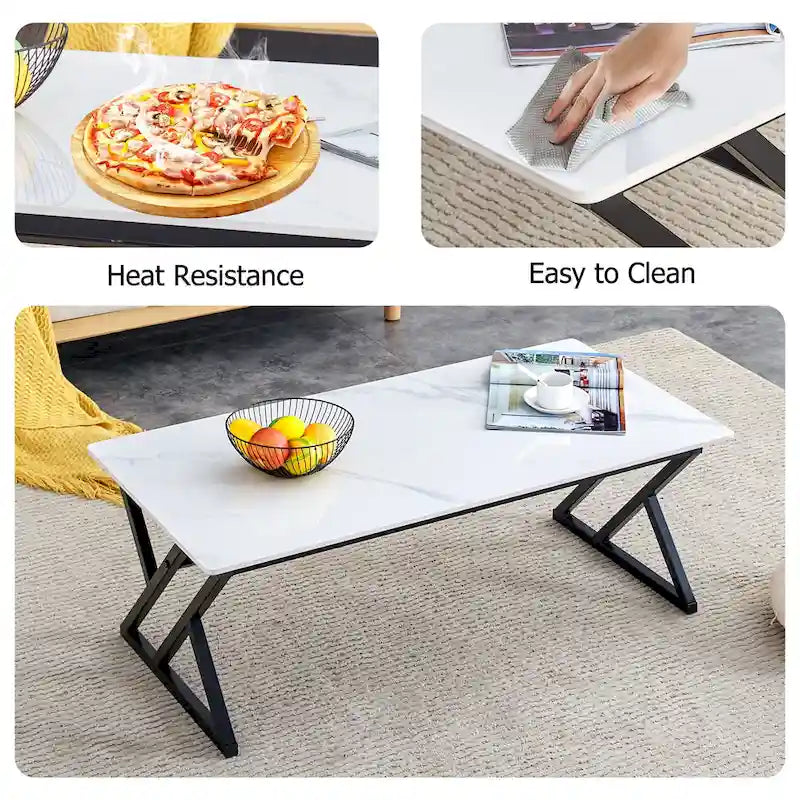 Table basse rectangulaire moderne de 120 cm avec plateau en pierre frittée et pieds en métal en forme de X