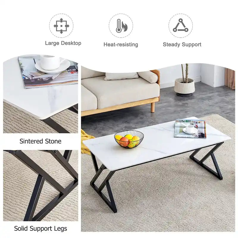 Table basse rectangulaire moderne de 120 cm avec plateau en pierre frittée et pieds en métal en forme de X