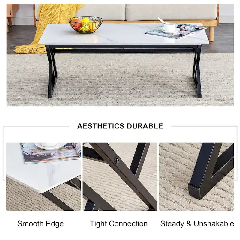 Table basse rectangulaire moderne de 120 cm avec plateau en pierre frittée et pieds en métal en forme de X