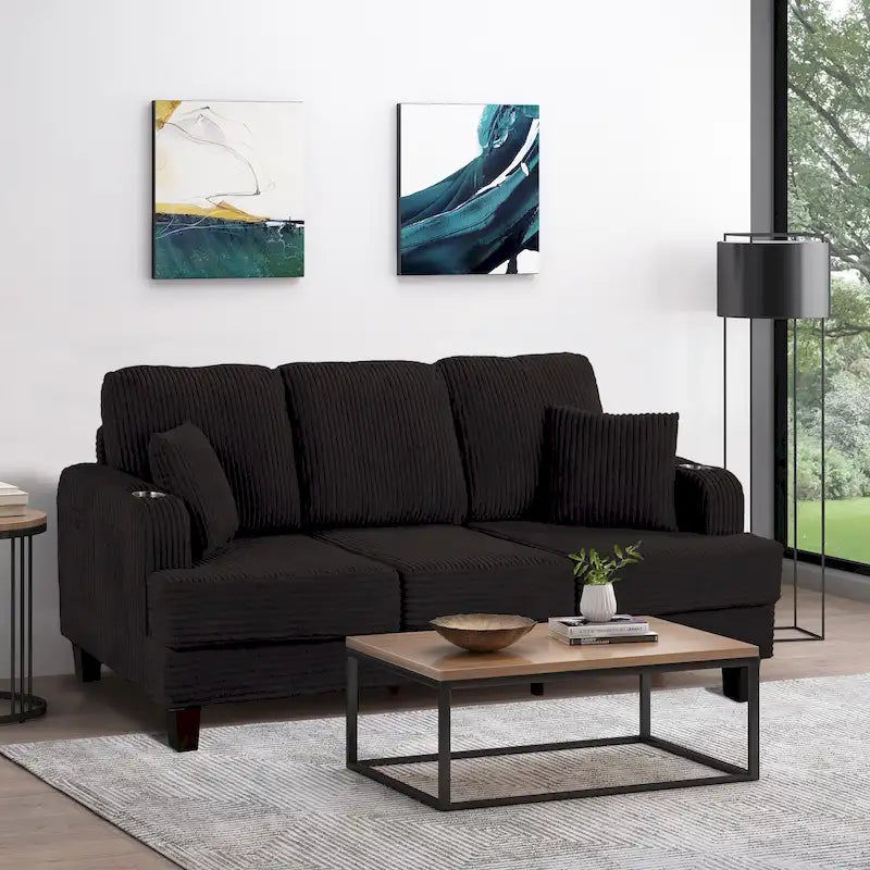 Canapé 3 places moderne en velours côtelé de 85 pouces avec port de chargement USB et coussins décoratifs