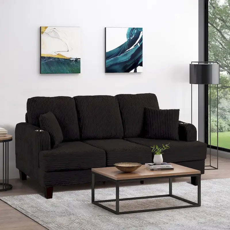Canapé 3 places moderne en velours côtelé de 85 pouces avec port de chargement USB et coussins décoratifs