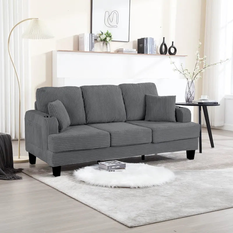 Canapé 3 places moderne en velours côtelé de 85 pouces avec port de chargement USB et coussins décoratifs