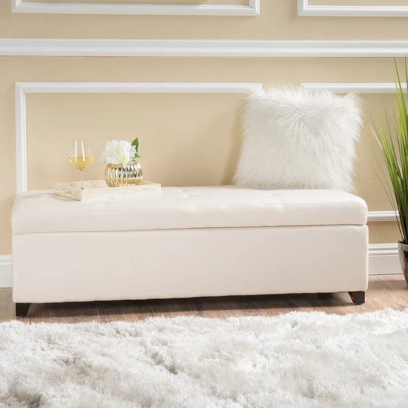 Banc Ottoman de Rangement en Tissu avec Capitonnage Gaufré et Couvercle à Fermeture Douce