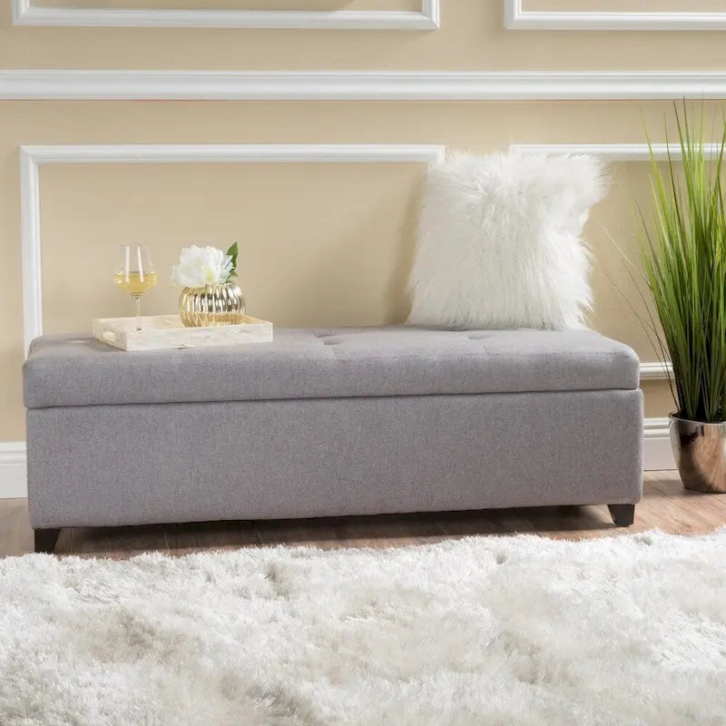 Banc Ottoman de Rangement en Tissu avec Capitonnage Gaufré et Couvercle à Fermeture Douce