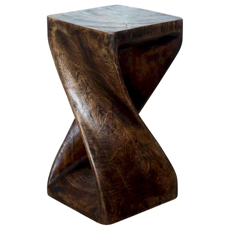 Tabouret d'appoint et table d'appoint torsadés sculptés à la main - 25x25x46 cm, finition huile moka
