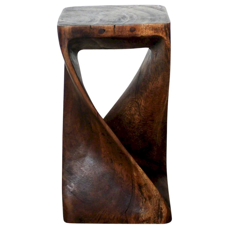Tabouret d'appoint et table d'appoint torsadés sculptés à la main - 25x25x46 cm, finition huile moka