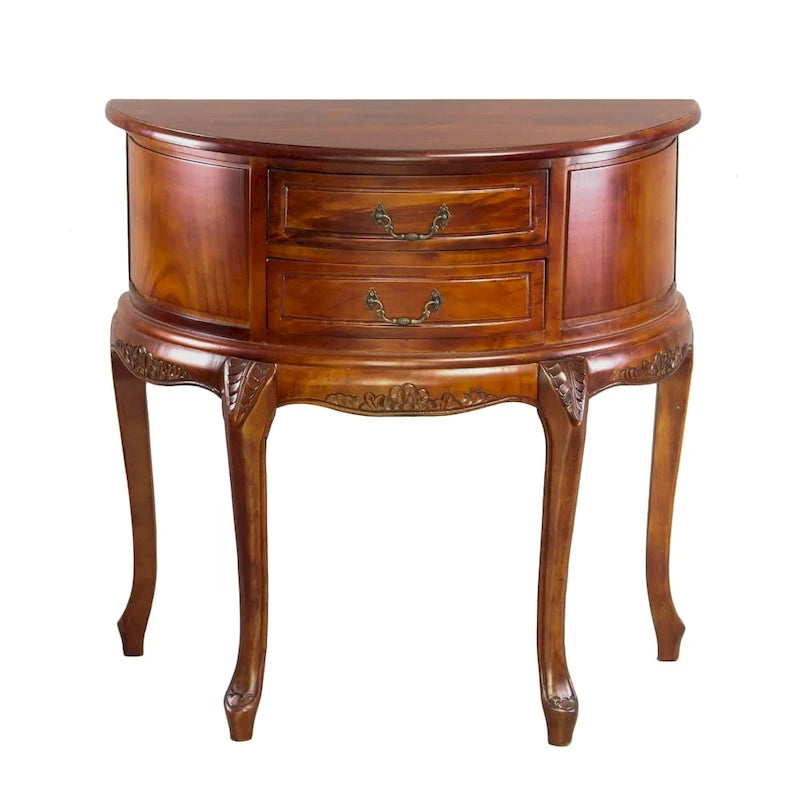 Console demi-lune sculptée main avec 2 tiroirs coulissants - Noyer et Acajou