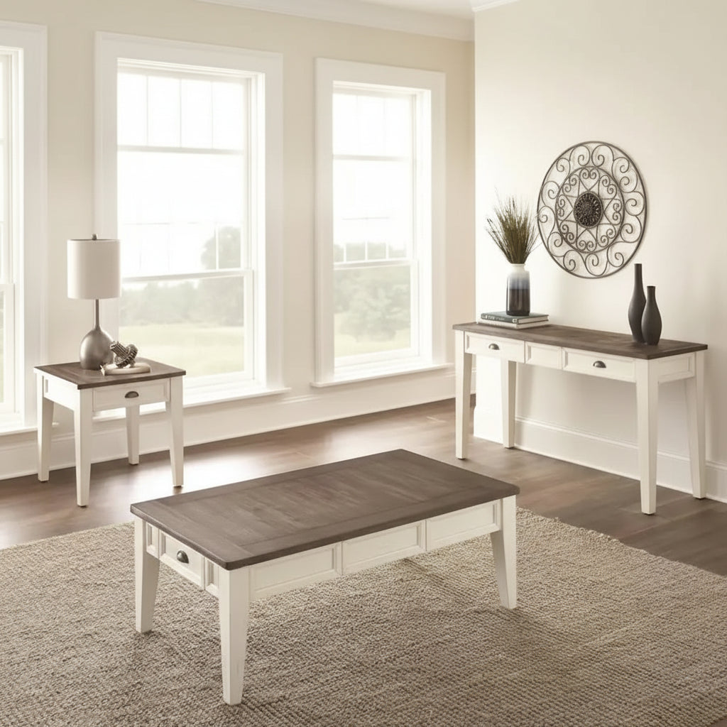 Table basse de ferme bicolore avec tiroirs de rangement - Blanc antique et chêne foncé