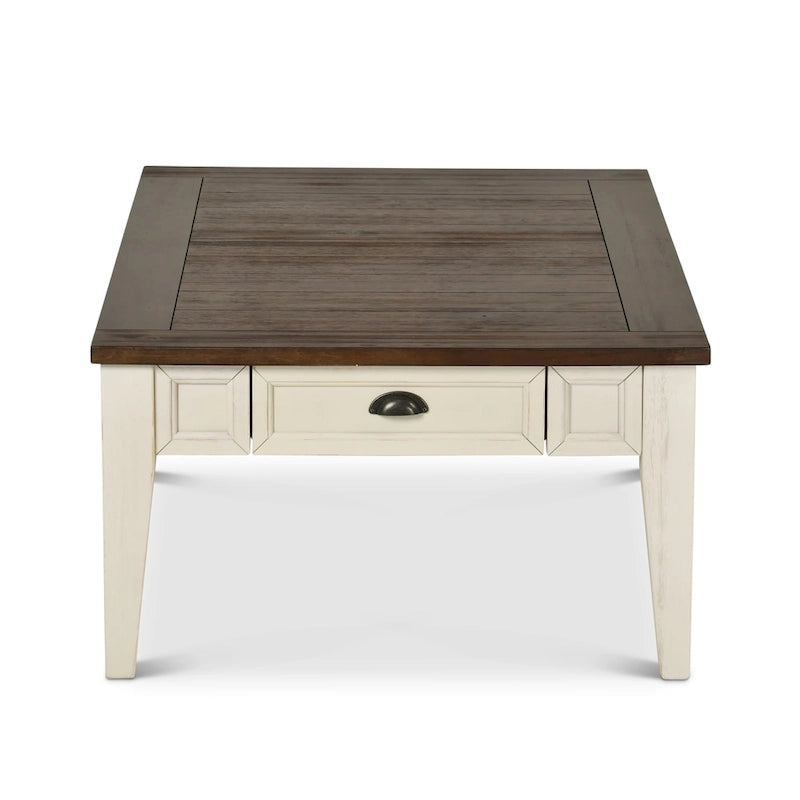 Table basse de ferme bicolore avec tiroirs de rangement - Blanc antique et chêne foncé