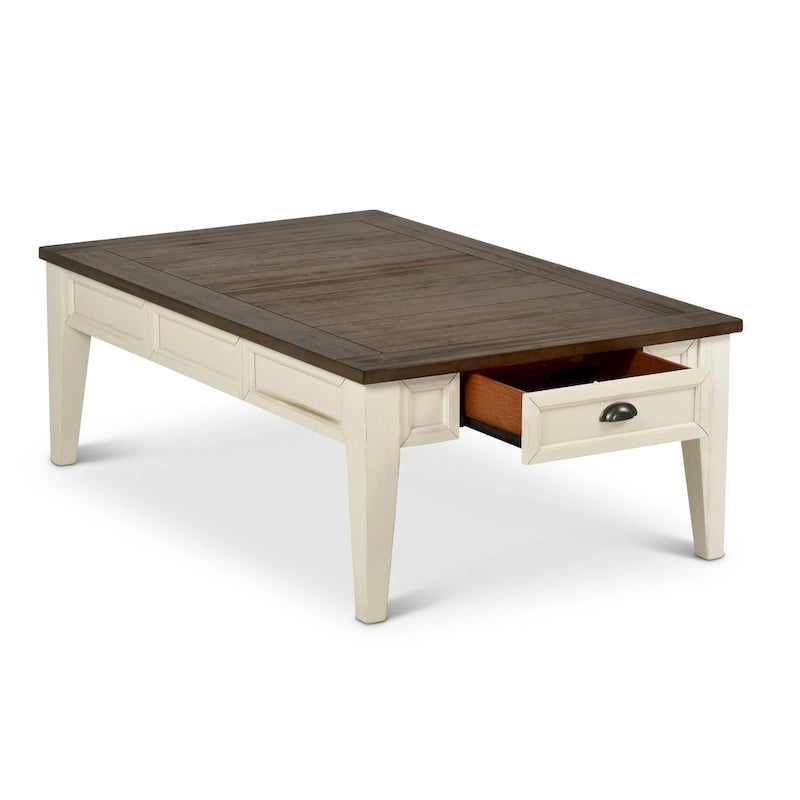 Table basse de ferme bicolore avec tiroirs de rangement - Blanc antique et chêne foncé