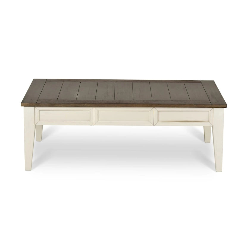 Table basse de ferme bicolore avec tiroirs de rangement - Blanc antique et chêne foncé