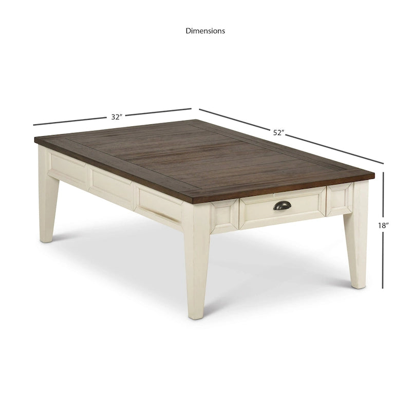 Table basse de ferme bicolore avec tiroirs de rangement - Blanc antique et chêne foncé