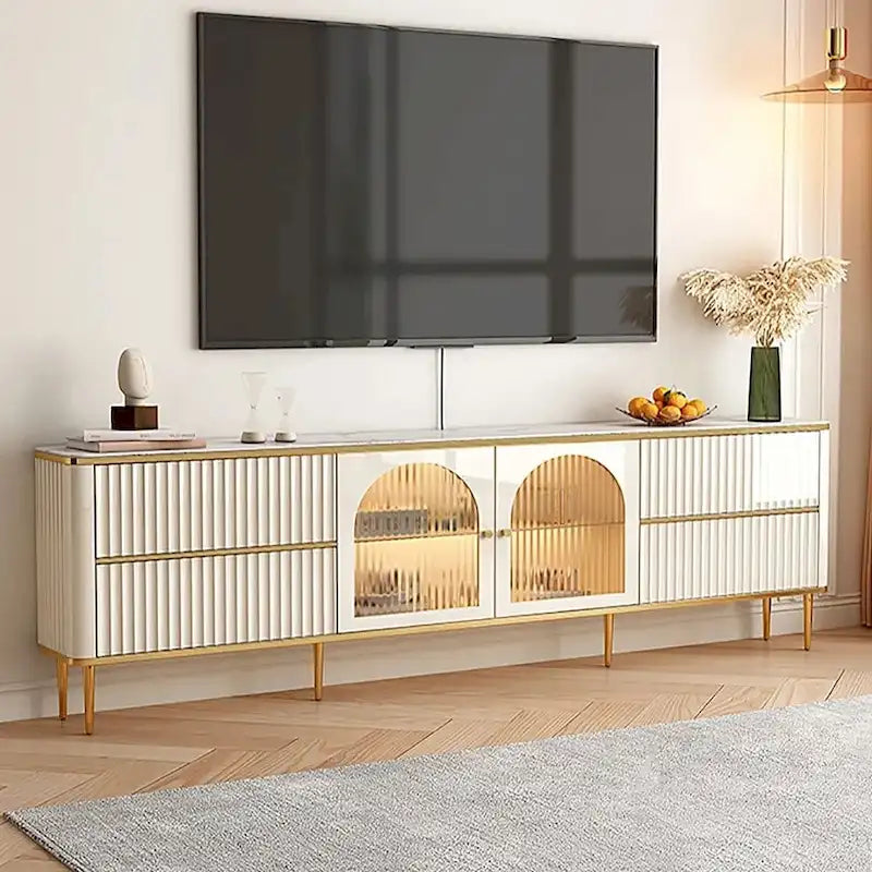 Meuble TV rectangulaire moderne avec plateau en pierre frittée, 4 tiroirs et armoire en verre trempé