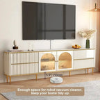 Meuble TV rectangulaire moderne avec plateau en pierre frittée, 4 tiroirs et armoire en verre trempé