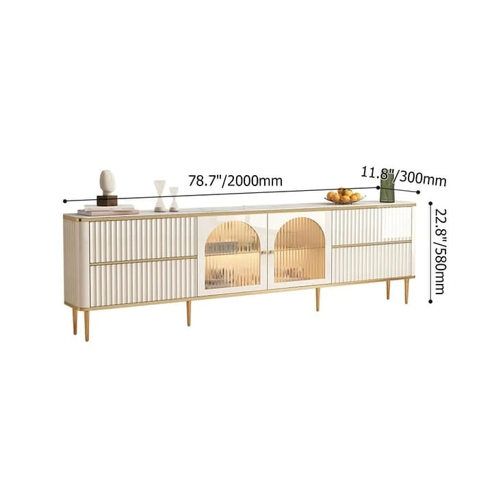 Meuble TV rectangulaire moderne avec plateau en pierre frittée, 4 tiroirs et armoire en verre trempé