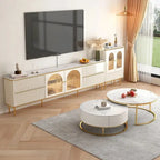 Meuble TV rectangulaire moderne avec plateau en pierre frittée, 4 tiroirs et armoire en verre trempé