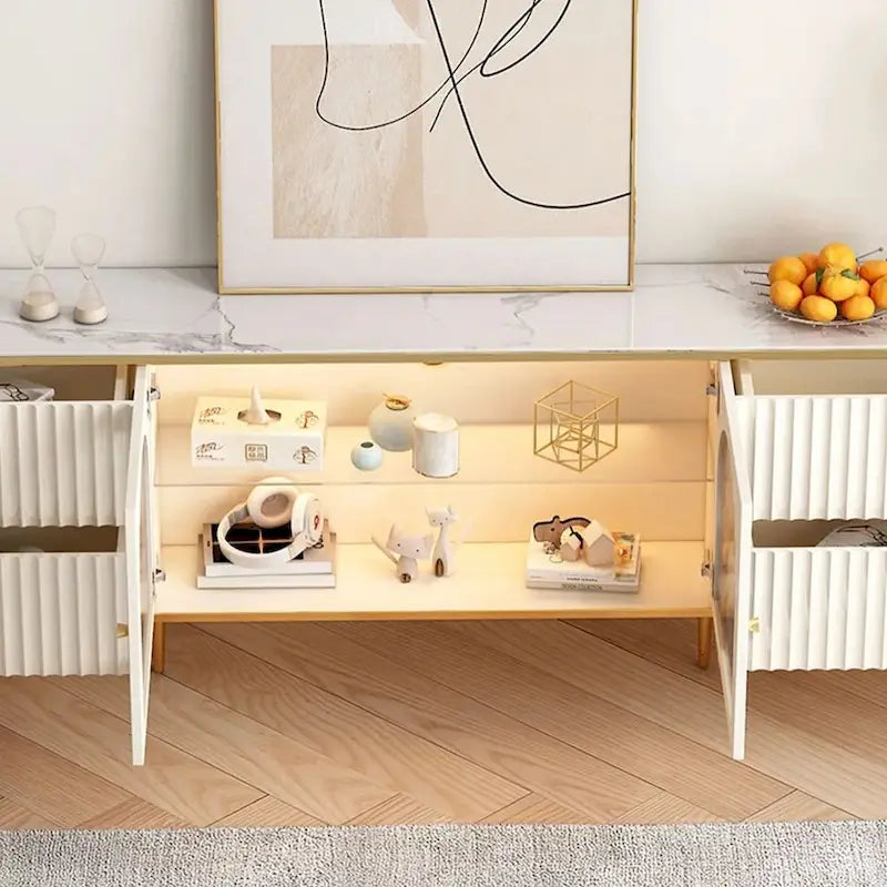 Meuble TV rectangulaire moderne avec plateau en pierre frittée, 4 tiroirs et armoire en verre trempé