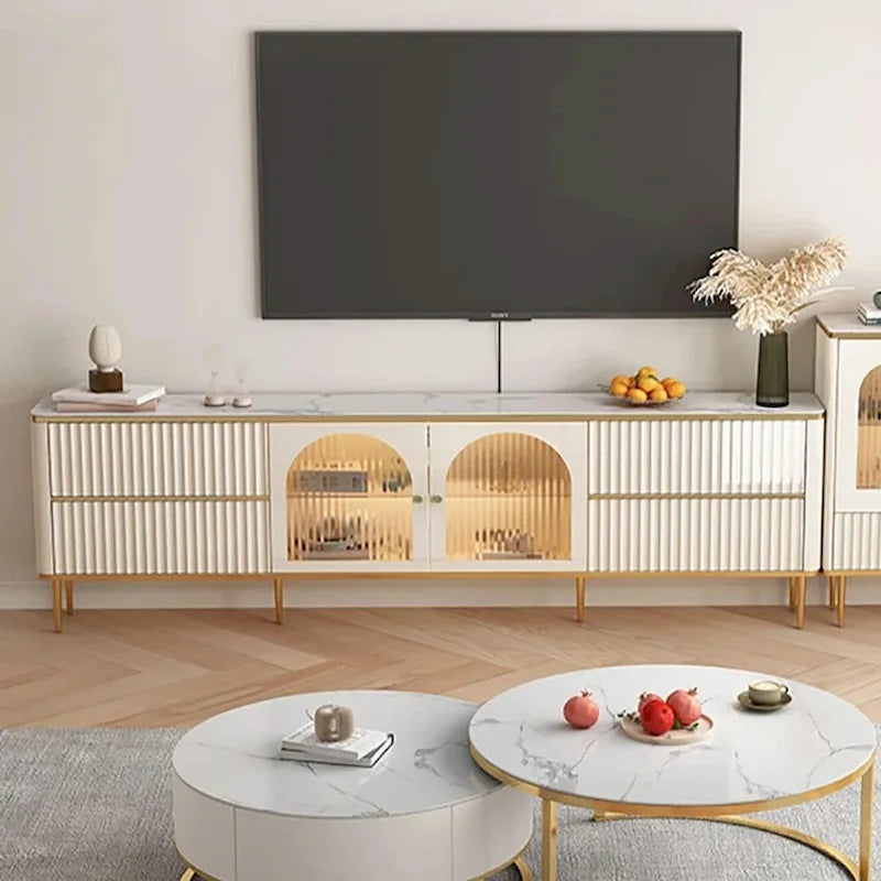 Meuble TV rectangulaire moderne avec plateau en pierre frittée, 4 tiroirs et armoire en verre trempé