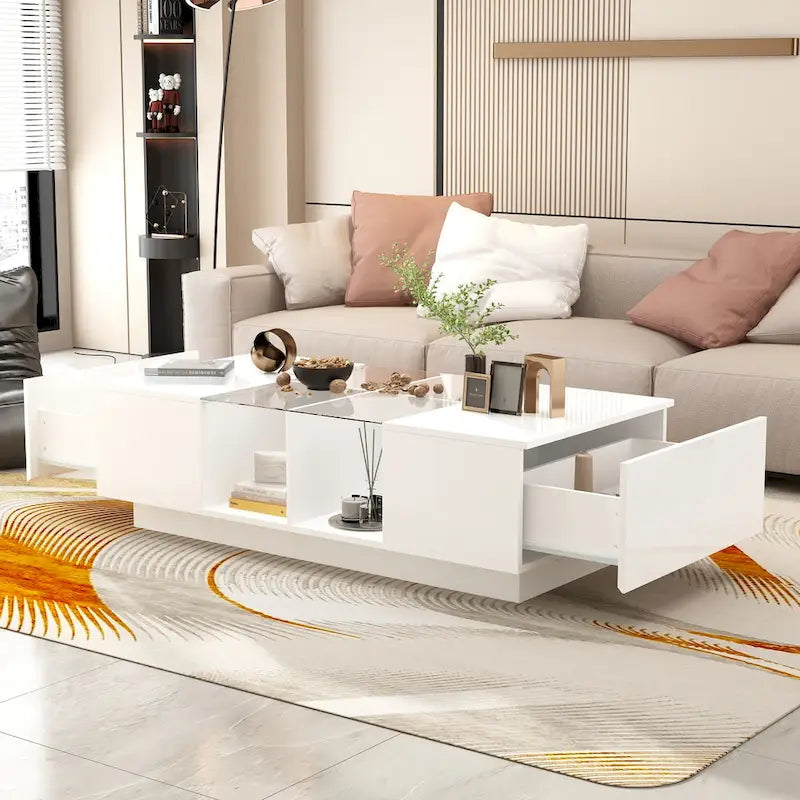 Table basse laquée de 120 cm de long avec éclairage LED et 3 niches de rangement ouvertes
