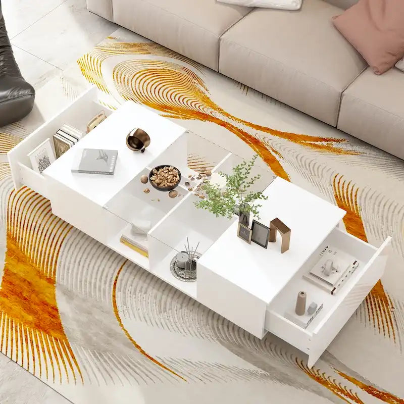 Table basse laquée de 120 cm de long avec éclairage LED et 3 niches de rangement ouvertes