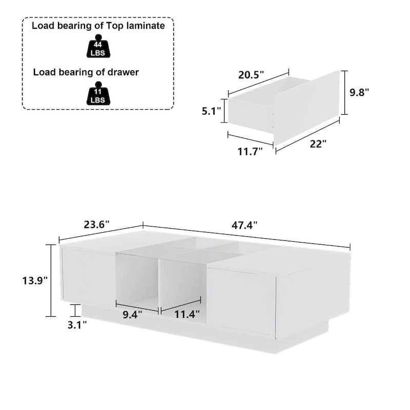 Table basse laquée de 120 cm de long avec éclairage LED et 3 niches de rangement ouvertes