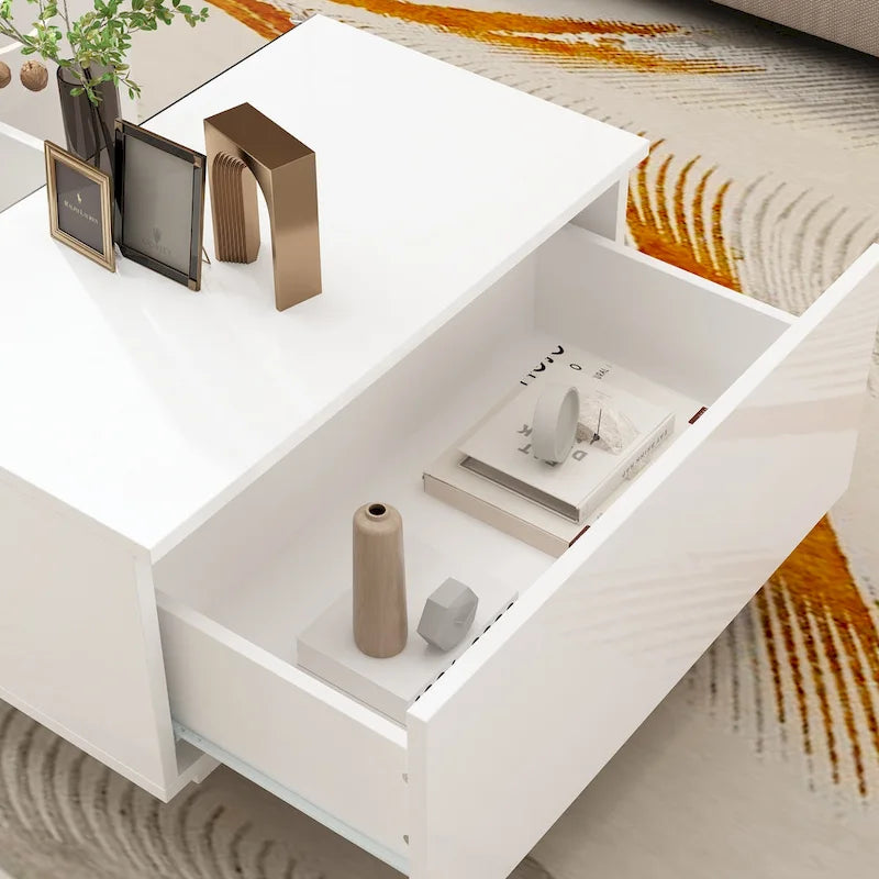 Table basse laquée de 120 cm de long avec éclairage LED et 3 niches de rangement ouvertes