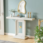 Console étroite de 99 cm avec base géométrique dorée et plateau en faux marbre