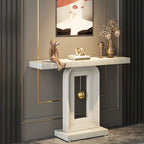 Console étroite de 99 cm avec base géométrique dorée et plateau en faux marbre