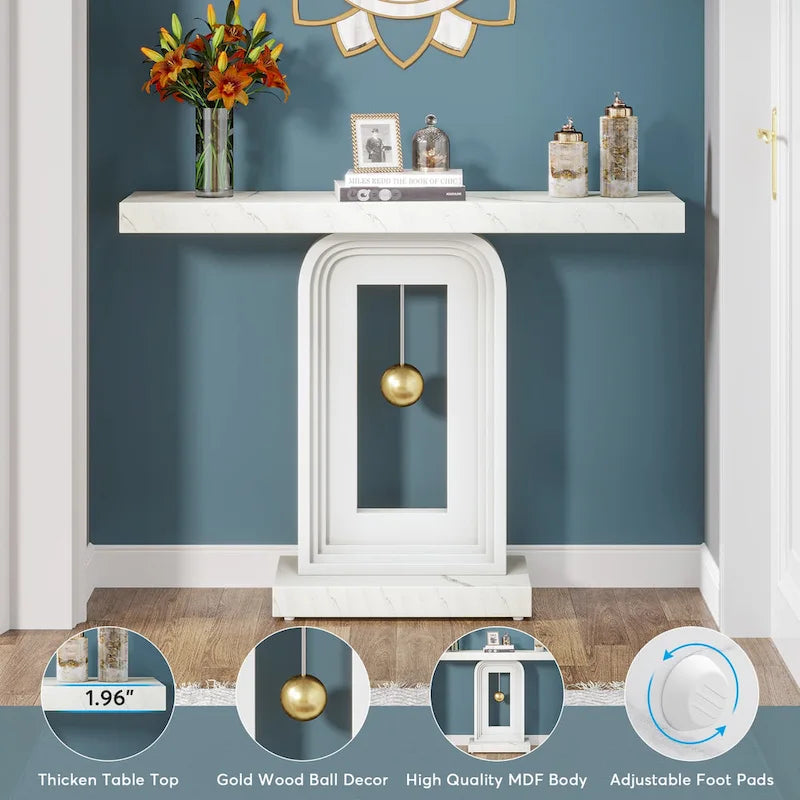Console étroite de 99 cm avec base géométrique dorée et plateau en faux marbre