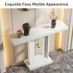 Console étroite de 99 cm avec base géométrique dorée et plateau en faux marbre