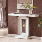 Console étroite de 99 cm avec base géométrique dorée et plateau en faux marbre