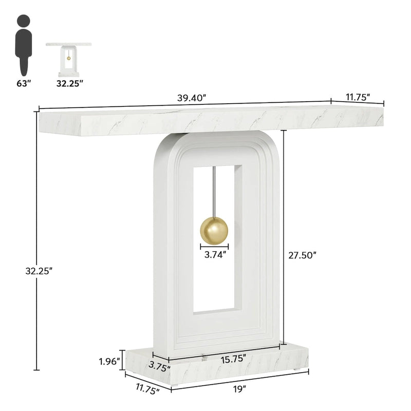 Console étroite de 99 cm avec base géométrique dorée et plateau en faux marbre