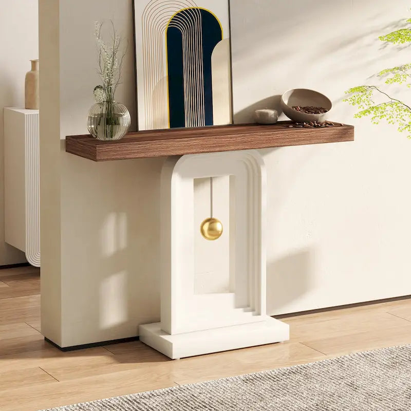 Console étroite de 99 cm avec base géométrique dorée et plateau en faux marbre