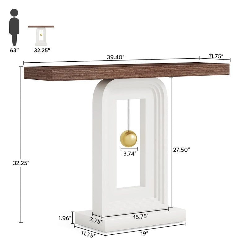 Console étroite de 99 cm avec base géométrique dorée et plateau en faux marbre