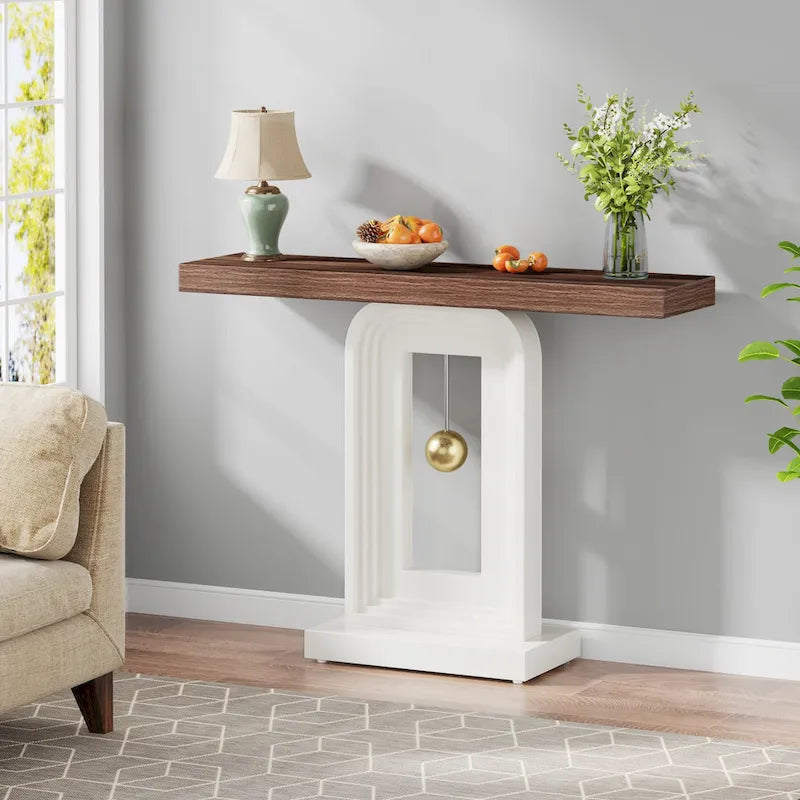 Console étroite de 99 cm avec base géométrique dorée et plateau en faux marbre
