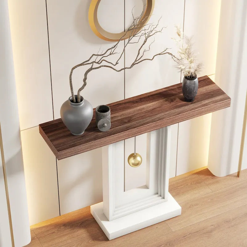 Console étroite de 99 cm avec base géométrique dorée et plateau en faux marbre