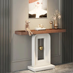 Console étroite de 99 cm avec base géométrique dorée et plateau en faux marbre