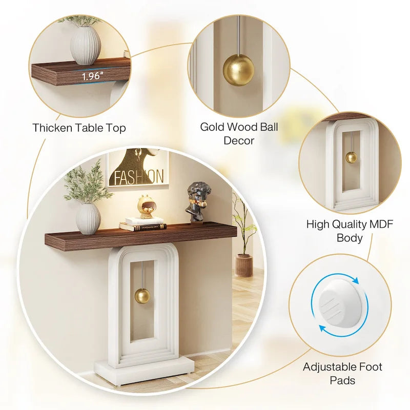 Console étroite de 99 cm avec base géométrique dorée et plateau en faux marbre