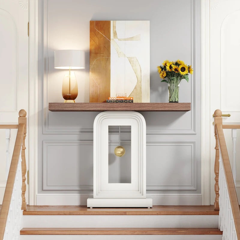 Console étroite de 99 cm avec base géométrique dorée et plateau en faux marbre