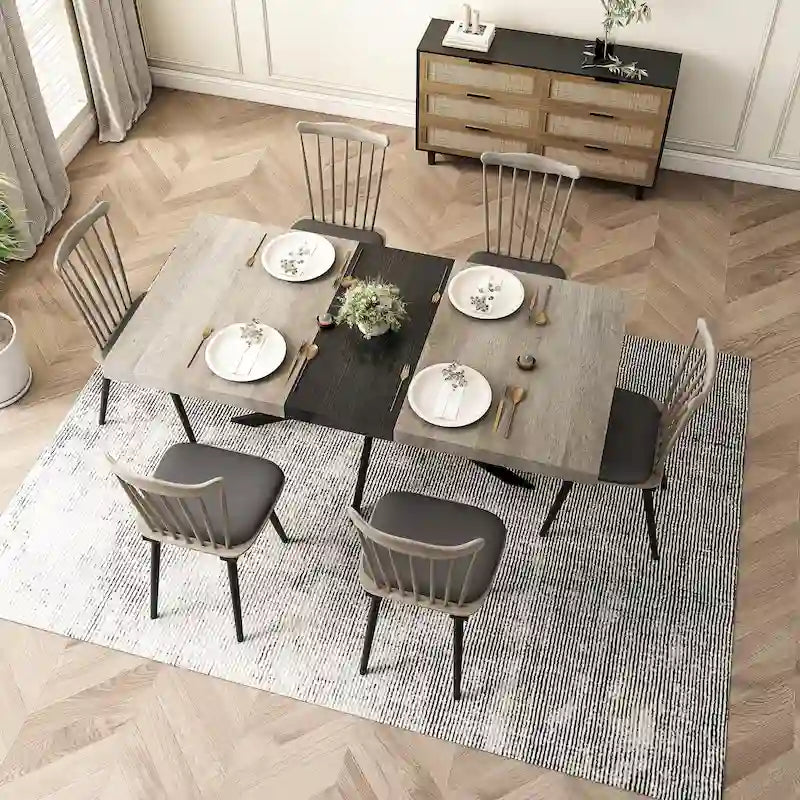 Table à manger rectangulaire extensible rétro avec plateau central embossé - Gris/Marron